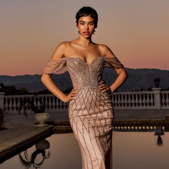New Off Shoulder Sheath Sequins Embellished Prom Mermaid Tulle Dress CDCC477